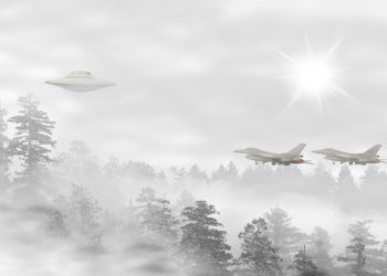 An illustration of a UFO being followed by fighter jets. Depositphotos.