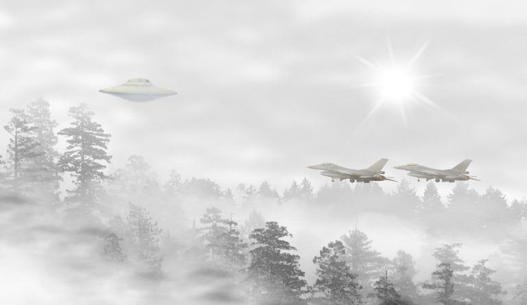 An illustration of a UFO being followed by fighter jets. Depositphotos.