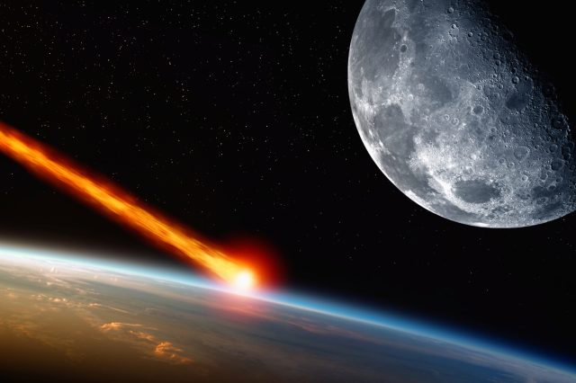 An illustration of an asteroid impact and the Earth and Moon. Depositphotos.
