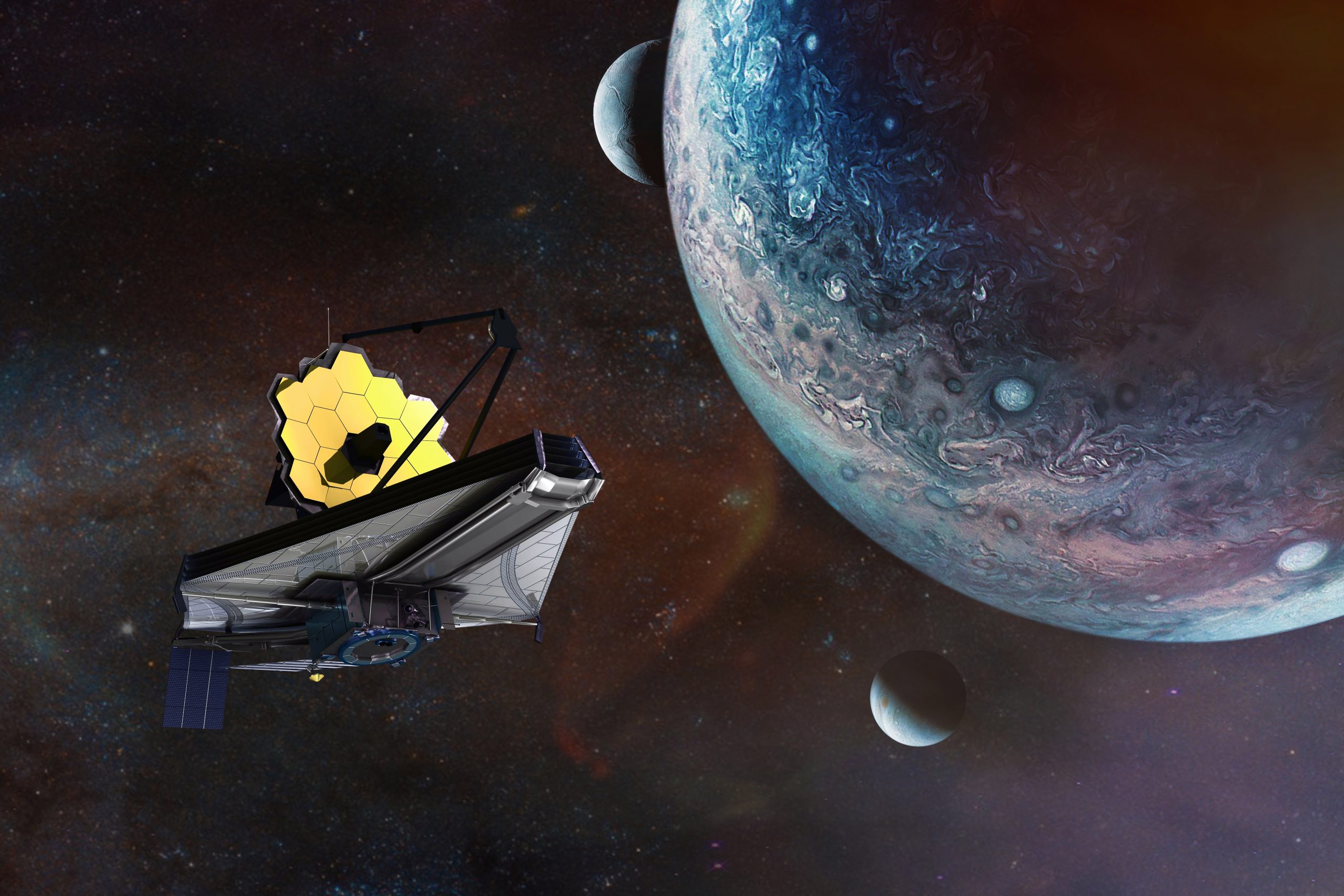 An illustration of the James Webb Space Telescope and an exoplanet. Depositphotos.