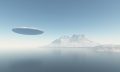 An illustration showing a UFO flying over the ocean. Depositphotos.