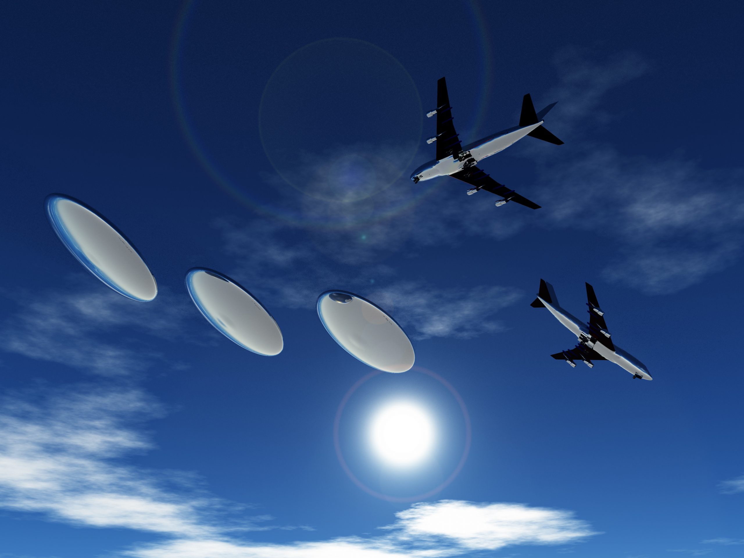 An illustration showing airliners encountering UFOs. Depositphotos.
