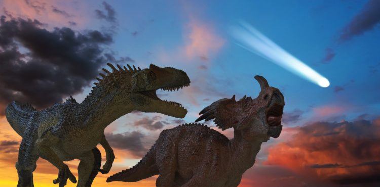 An illustration showing the asteroid impact and the dinosaurs. Depositphotos.