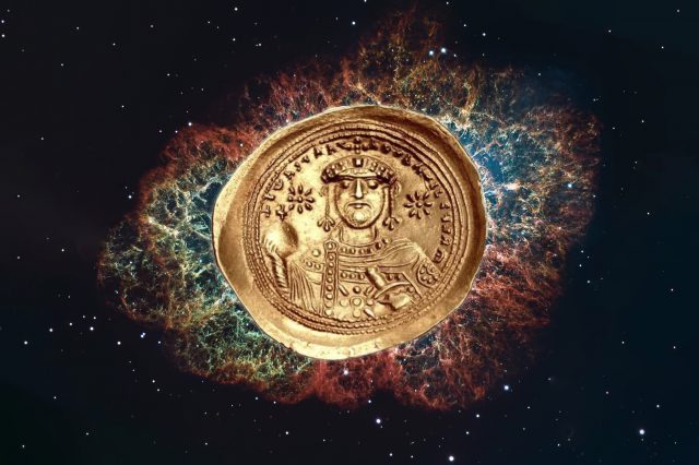 The ancient coin superimposed over a photograph of the Crab Nebula, or SN 1054. Depositphotos / cngcoins.com/ Filipovic et al.