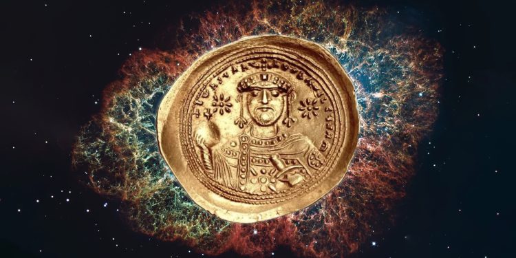 The ancient coin superimposed over a photograph of the Crab Nebula, or SN 1054. Depositphotos / cngcoins.com/ Filipovic et al.