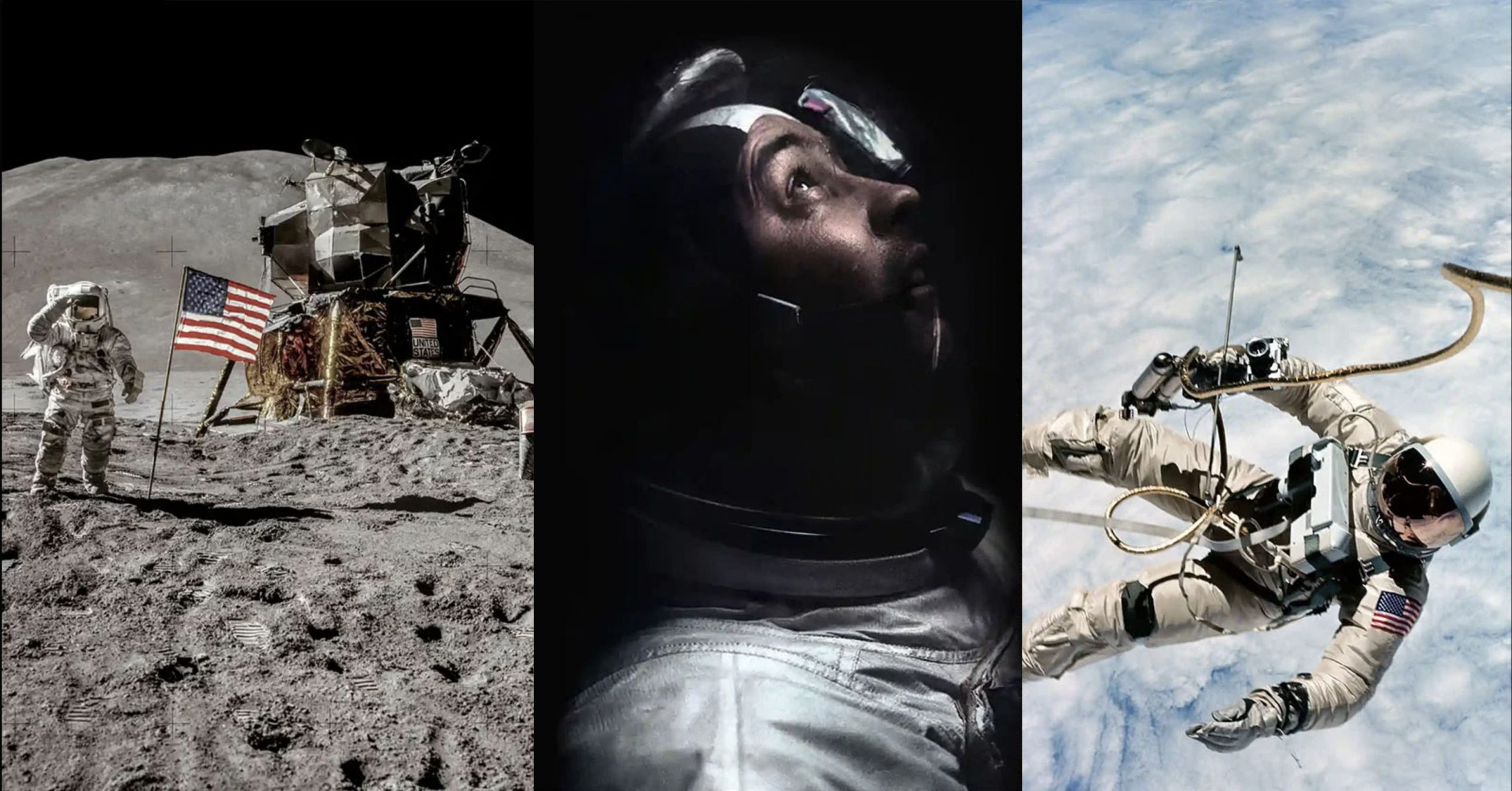 A collage showing three of the remastered photographs by Andy Saunders. Image Credit: Nasa/JSC/ASU/Andy Saunders.