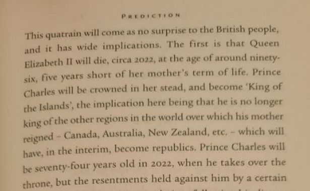 This excerpt is from Mario Reading's 2005 book 'Nostradamus: The Complete Prophecies for the Future' which is said to have accurately predicted the death of the Queen in 2022.
