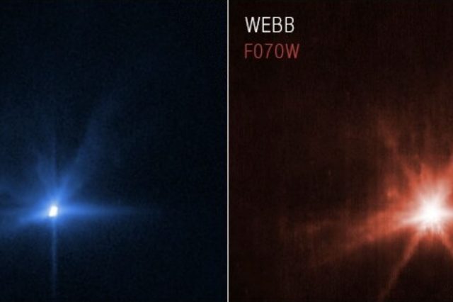 Hubble and James Webb View of DART impacting asteroid Dimorphos. Image Credit: NASA/ESA.