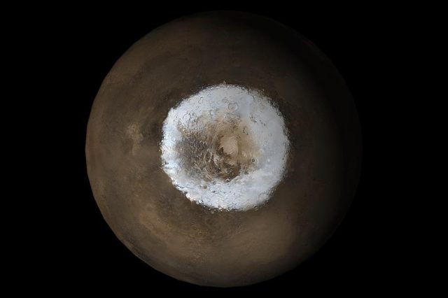 A picture of Mars' south polar region can be seen in the picture. Credit: NASA/JPL/Malin Space Science Systems
