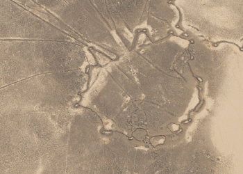 An aerial view of the monumental structures in the Saudi Arabian desert. Image Credit: Oxford University.