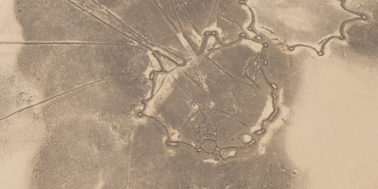 An aerial view of the monumental structures in the Saudi Arabian desert. Image Credit: Oxford University.