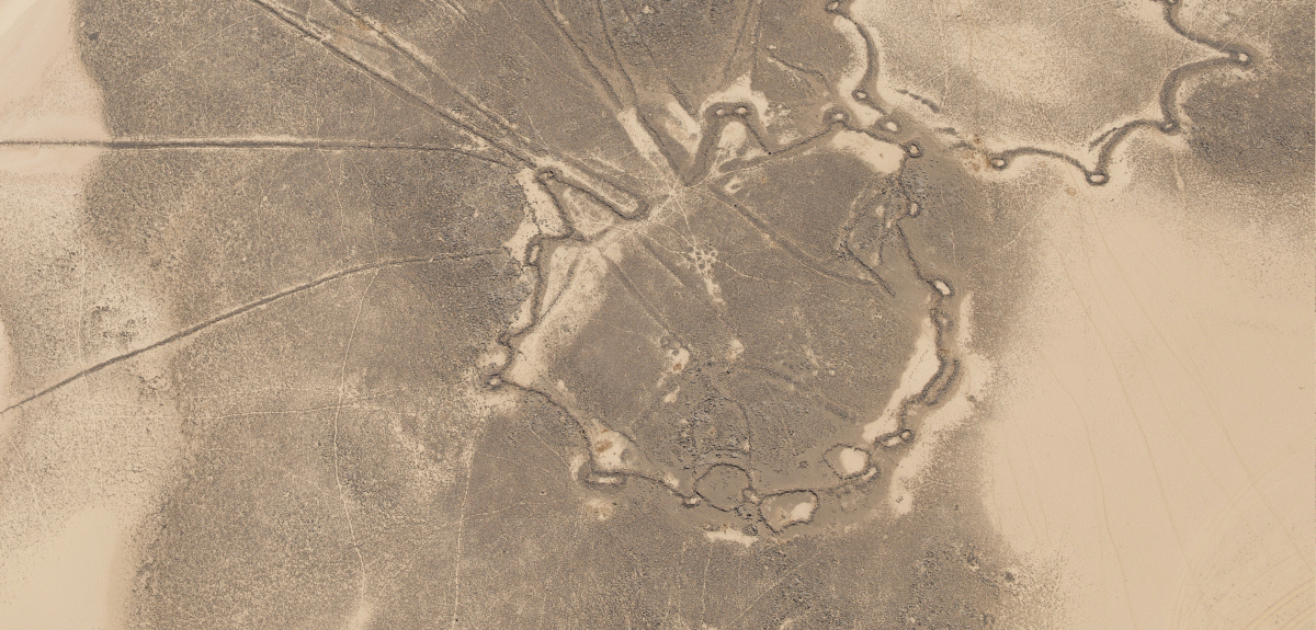 An aerial view of the monumental structures in the Saudi Arabian desert. Image Credit: Oxford University.