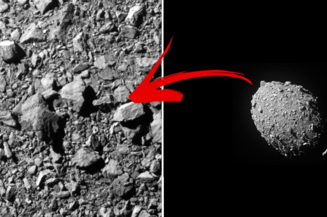 Two photographs showing Dimorphos from a distance and a close-up image of the asteroid before DART impacted it. Image Credit: NASA.
