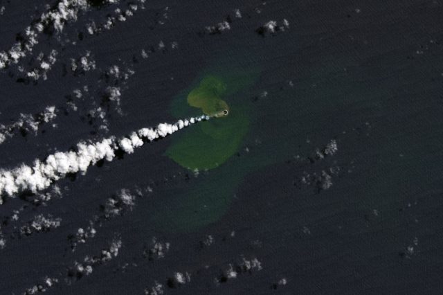 A satellite view of the new island. Image Credit: Earth Observatory / NASA.