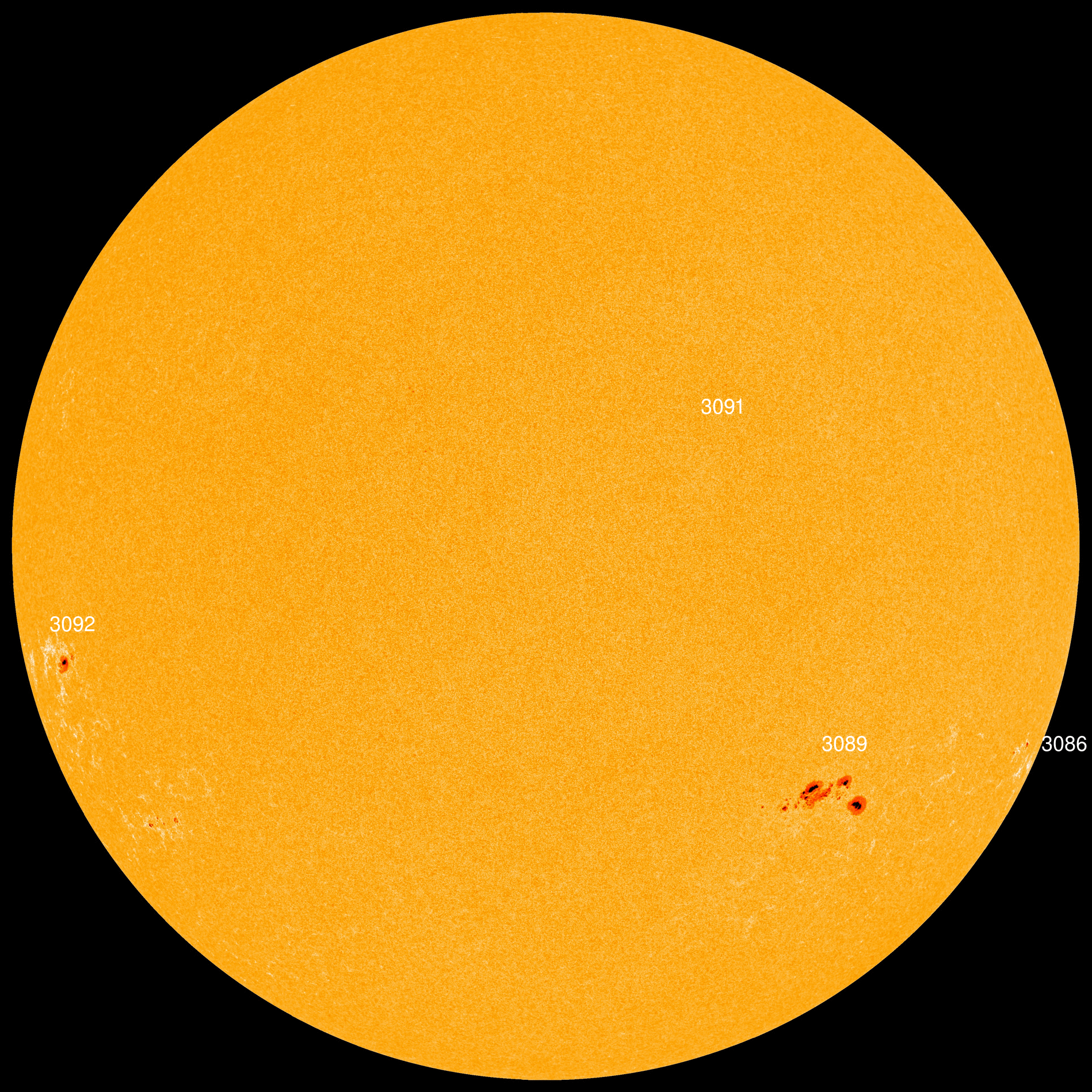 X-class solar flares can be generated by the delta-class magnetic field of sunspot AR3089. Credit: SDO/HMI.