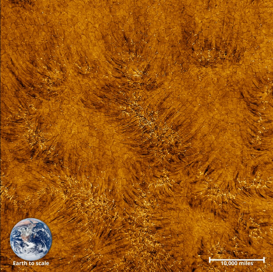 This image shows the chromosphere of the Sun on June 3rd, 2022, as seen by the Daniel K. Inouye Solar Telescope. Overlaid on the image is the Earth to show scale, representing a region 82,500 kilometers across. Credit: NSO/AURA/NSF.