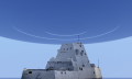 An illustration showing the USS Zumwalt and a UFO. Depositphotos/Curiosmos.