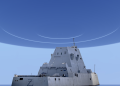 An illustration showing the USS Zumwalt and a UFO. Depositphotos/Curiosmos.