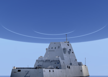An illustration showing the USS Zumwalt and a UFO. Depositphotos/Curiosmos.