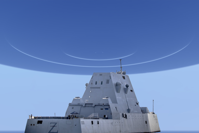An illustration showing the USS Zumwalt and a UFO. Depositphotos/Curiosmos.