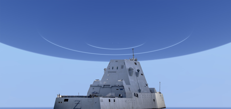 An illustration showing the USS Zumwalt and a UFO. Depositphotos/Curiosmos.