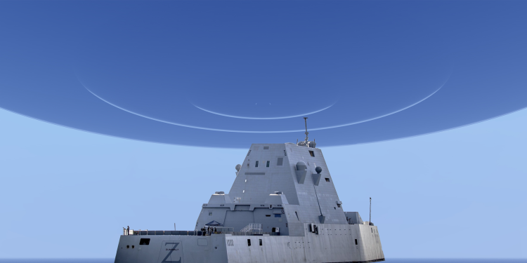 An illustration showing the USS Zumwalt and a UFO. Depositphotos/Curiosmos.