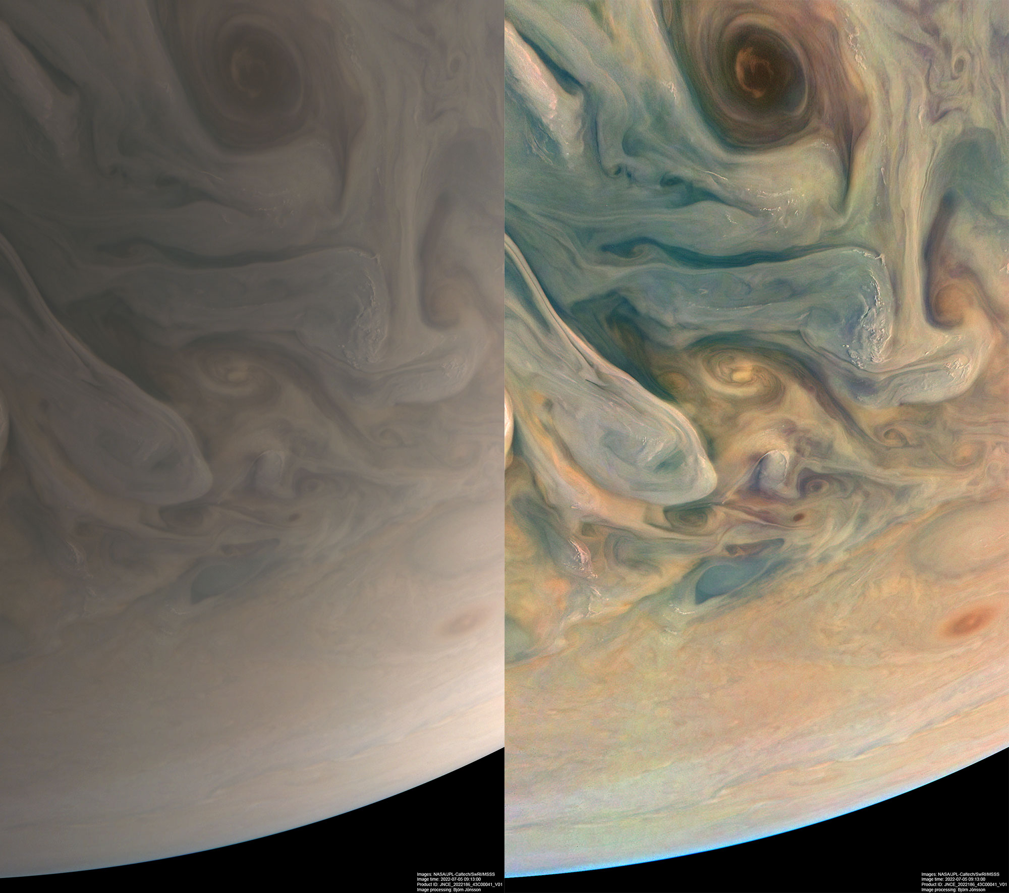 A comparison between two images of Jupiter. To the left is what the human eye would see, and to the right we have an image with increased contrast and sharpness. Image data: NASA/JPL-Caltech/SwRI/MSSS Image processing by Björn Jónsson © CC NC SA.