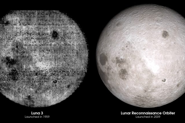 A comparison of the far side of the Moon as seen by Luna 3 (left) and the LRO on the Right. NASA.