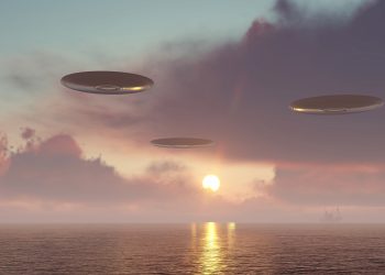 An artistic illustration of UFOs above Lake Michigan. Depositphotos.