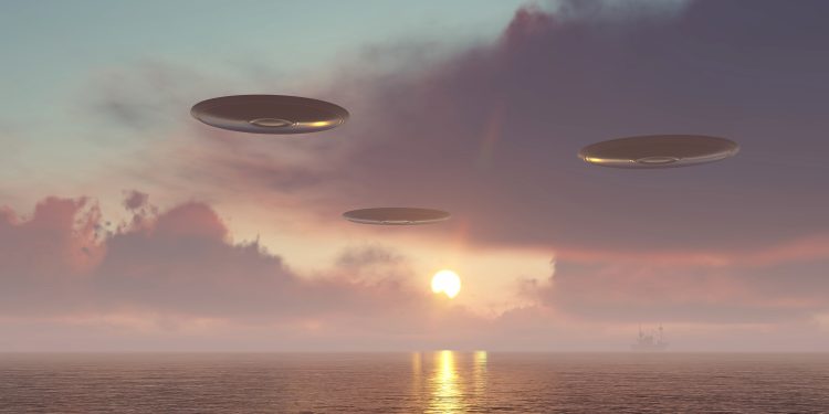 An artistic illustration of UFOs above Lake Michigan. Depositphotos.