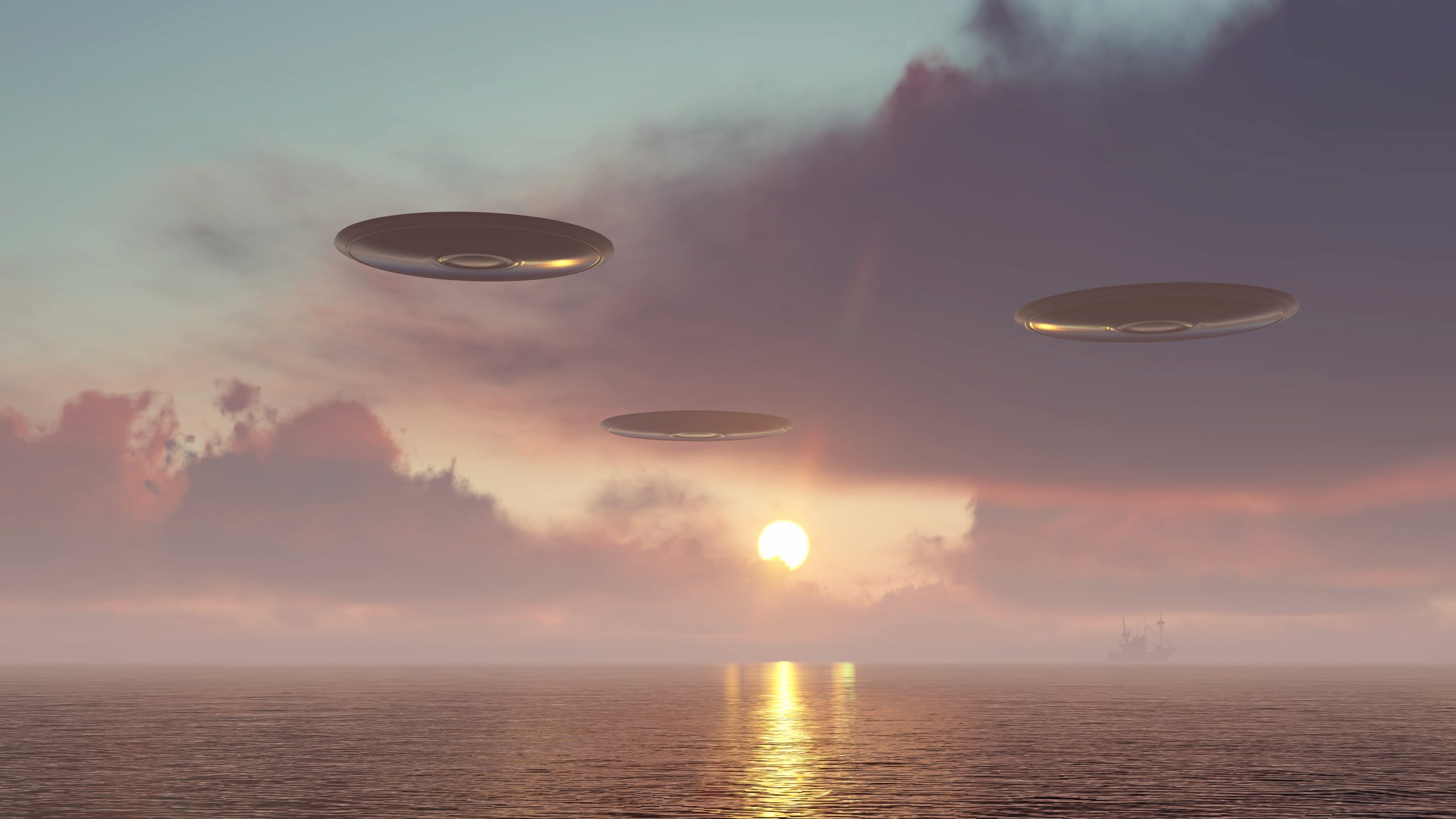 An artistic illustration of UFOs above Lake Michigan. Depositphotos.