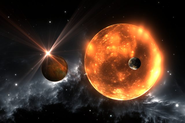An artistic illustration showing a red dwarf and exoplanets. Depositphotos.