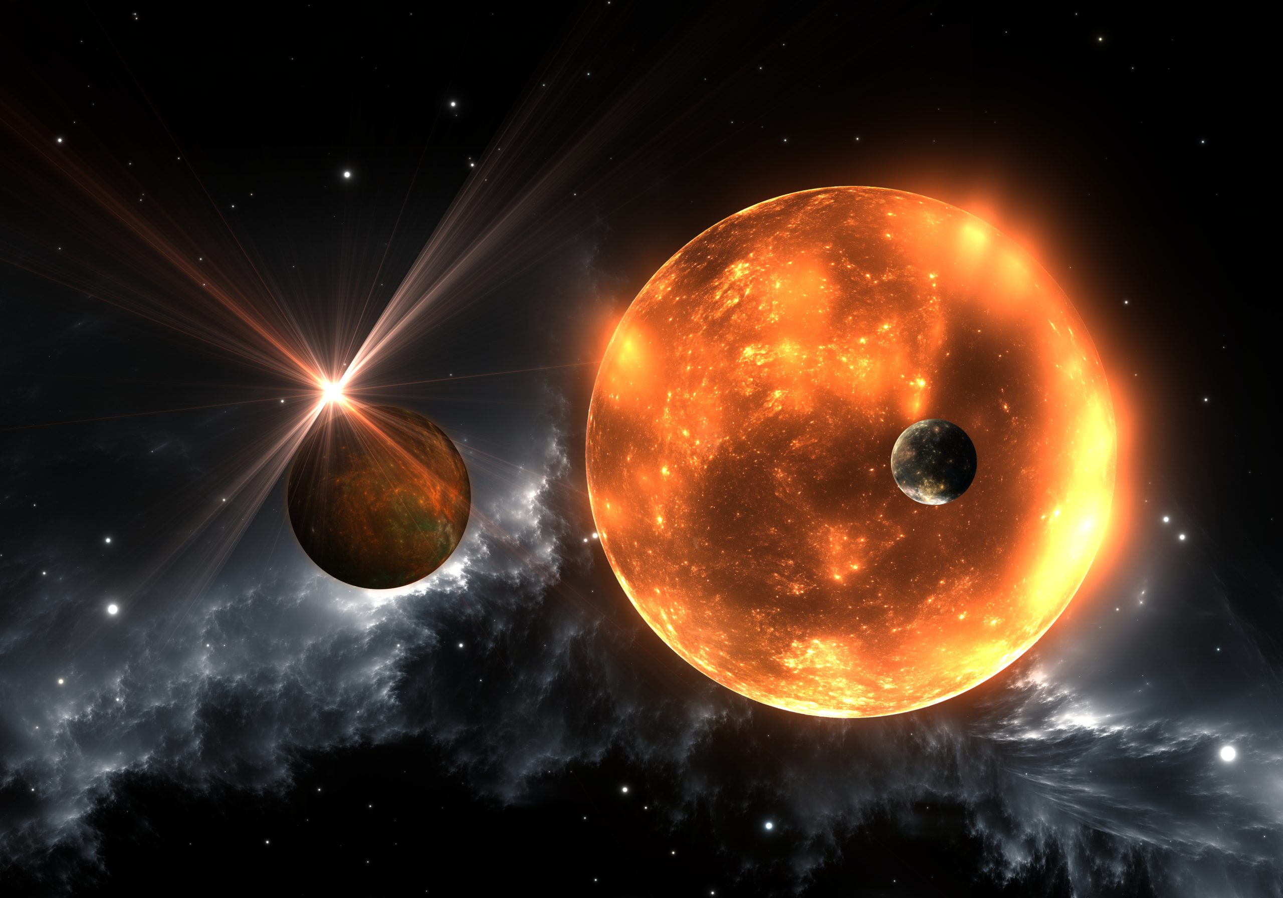 An artistic illustration showing a red dwarf and exoplanets. Depositphotos.
