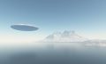 An illustration of a UFO flying over Antarctica. Depositphotos.