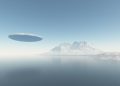 An illustration of a UFO flying over Antarctica. Depositphotos.