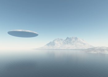 An illustration of a UFO flying over Antarctica. Depositphotos.