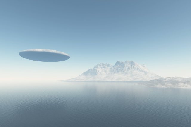 An illustration of a UFO flying over Antarctica. Depositphotos.