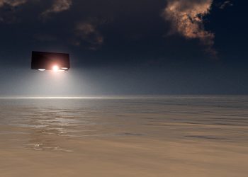 An illustration of a cube-shaped UFO. Depositphotos.