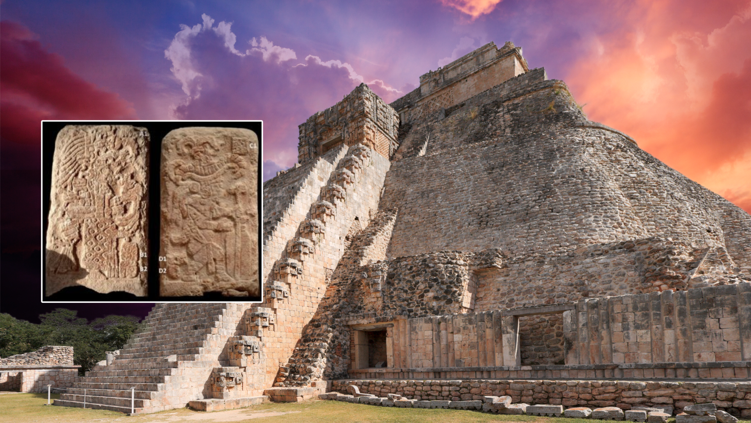 An image of the ancient Maya Pyramid in Uxmal, and the recently-found Stele. Image Credit: YAYIMAGES/INAH.