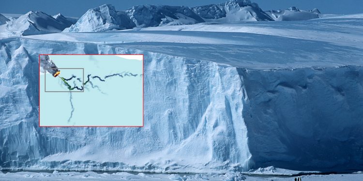 Antarctica Weddell Sea Riiser Larsen Ice Shelf Iceberg and radar image of river beneath Antarctica. YAYIMAGES.