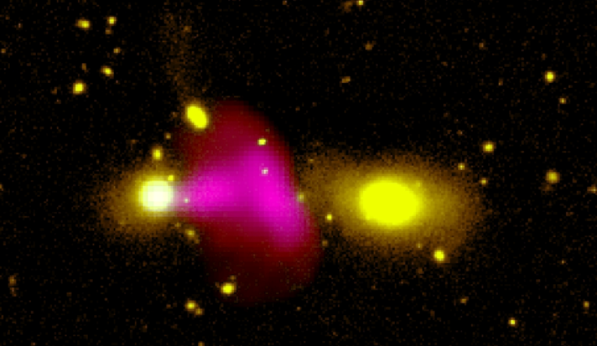 Image of the black hole within galaxy RAD12 spewing a large radio bubble on to its merging companion galaxy. Credit: Dr. Ananda Hota, GMRT, CFHT, MeerKAT.