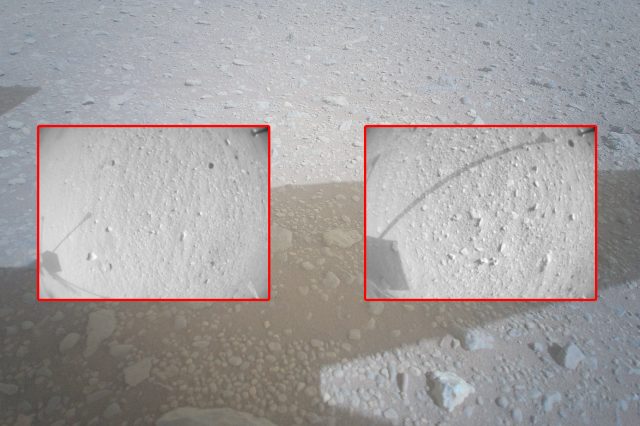 A segment pf three photographs showing the Foreign Object on Ingenuity. Image Credit: NASA/JPL-Caltech.