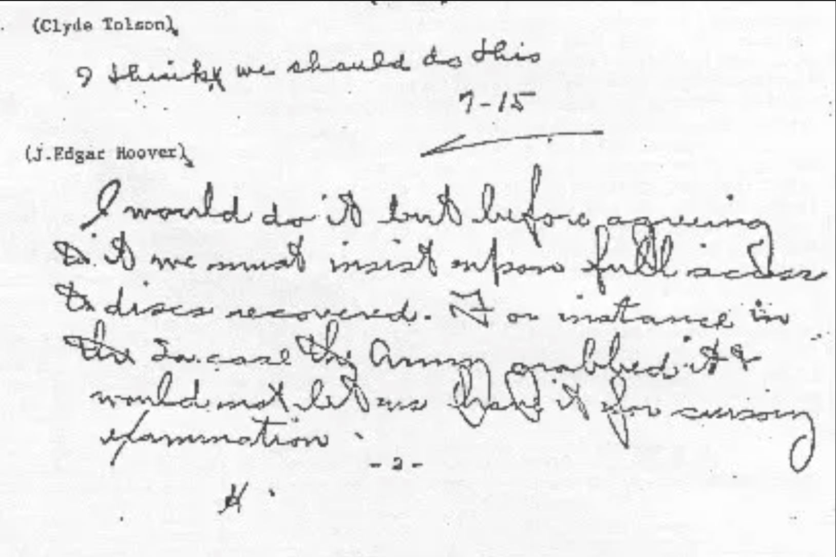 A hand-written note featuring comments on UFOs, and crashed disks between Clyde and Hoover. Image Credit: FBI/The Black Vault.