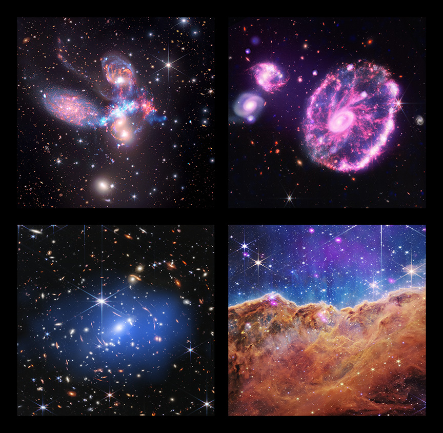 A 4-Panel Composite showing Webb and Chandra data combined. Credit: X-ray: NASA/CXC/SAO; IR (Spitzer): NASA/JPL-Caltech; IR (Webb): NASA/ESA/CSA/STScI.