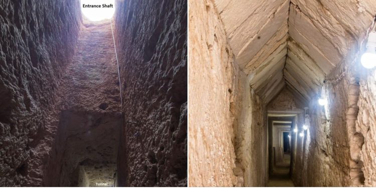 Two photographs showing the underground tunnel recently found at Taposiris Magna. Image Credit: Egyptian Ministry of Antiquities.