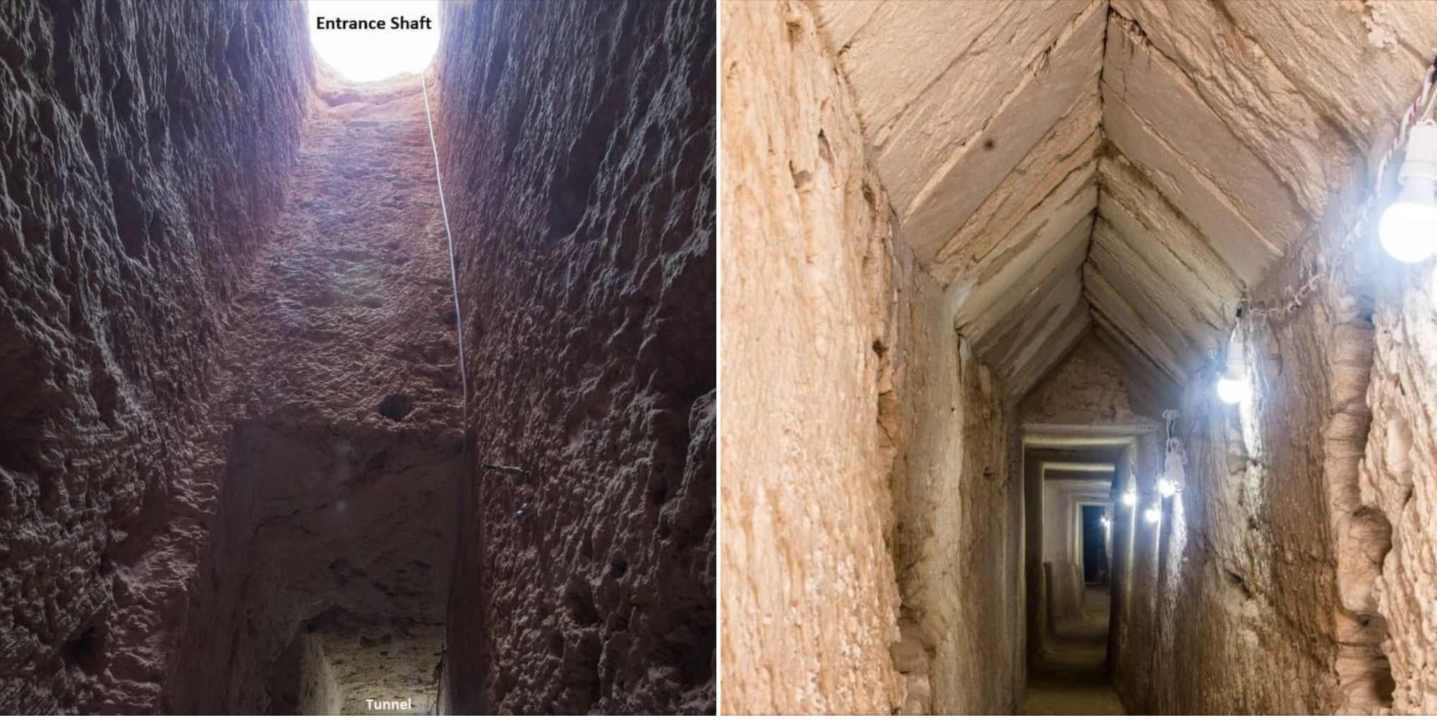 Two photographs showing the underground tunnel recently found at Taposiris Magna. Image Credit: Egyptian Ministry of Antiquities.