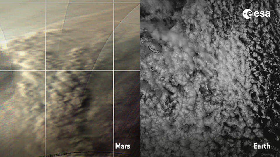 A comparison between clouds on Earth and clouds on Mars. Image Credit: Mars: ESA/GCP/UPV/EHU Bilbao; Earth: EUMETSET