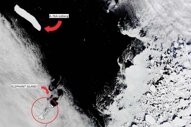 A satellite image showing the iceberg and island with annotations. Image Credit: NASA Earth Observatory images by Lauren Dauphin, using MODIS data from NASA EOSDIS LANCE and GIBS/Worldview.