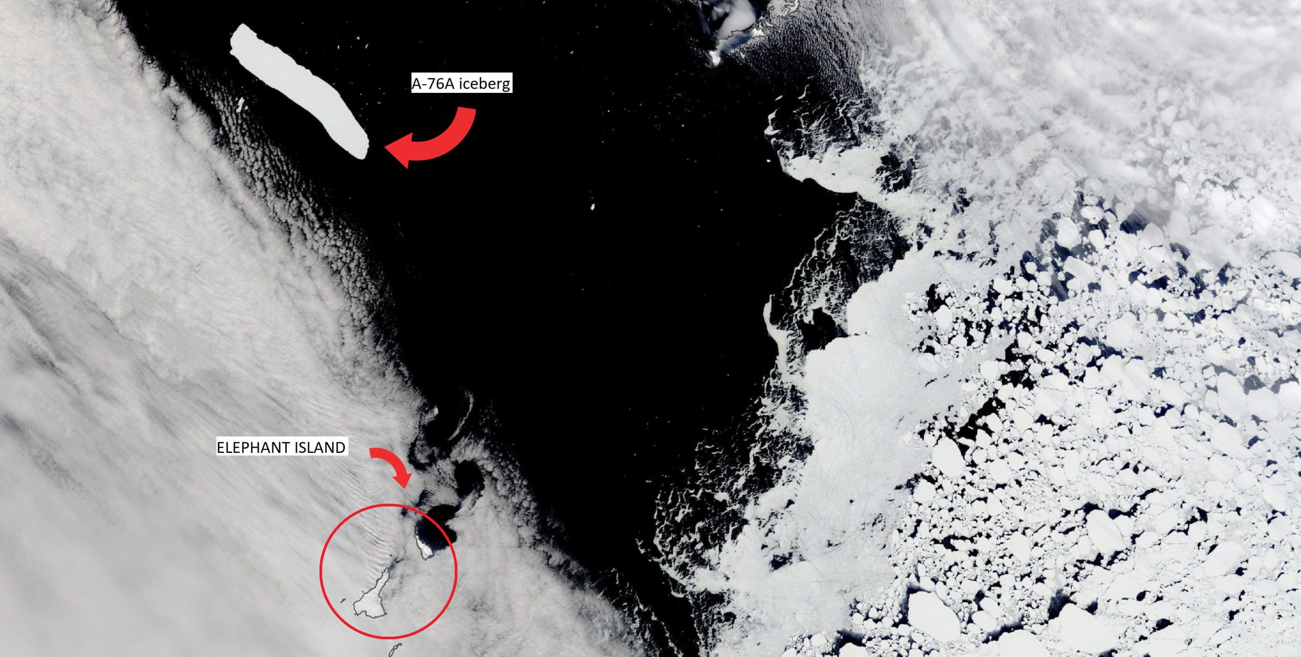 A satellite image showing the iceberg and island with annotations. Image Credit: NASA Earth Observatory images by Lauren Dauphin, using MODIS data from NASA EOSDIS LANCE and GIBS/Worldview.