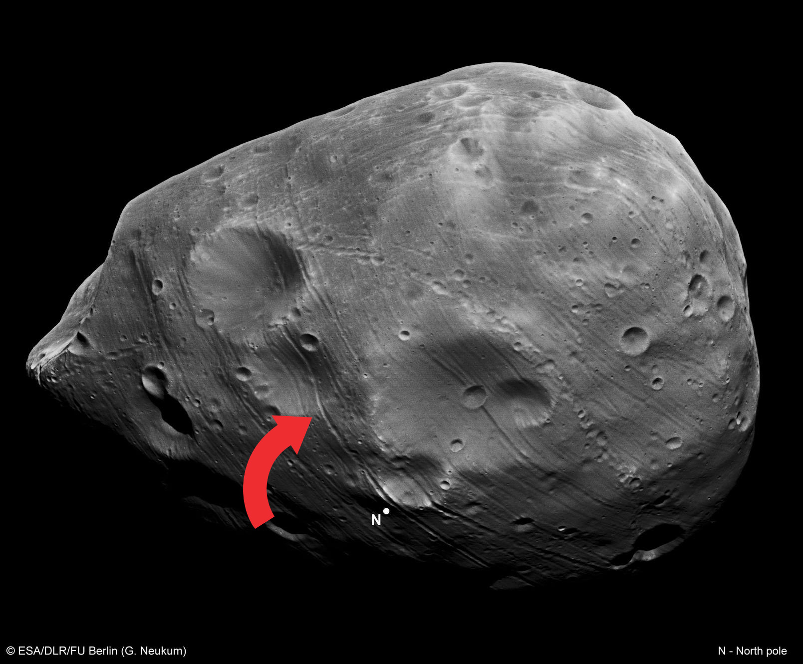 A photograph of Phobos and its tracks. Image Credit: NASA.